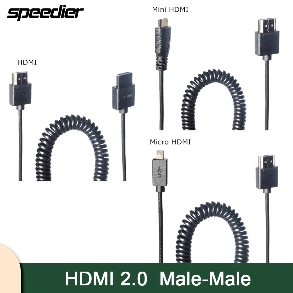 High Speed OD 3.0mm Mini HDMI-compatible To HDMI-compatible Male To Male Stretch Spring Curl Flexible Thin Cables 2k 4k Hd @60hz