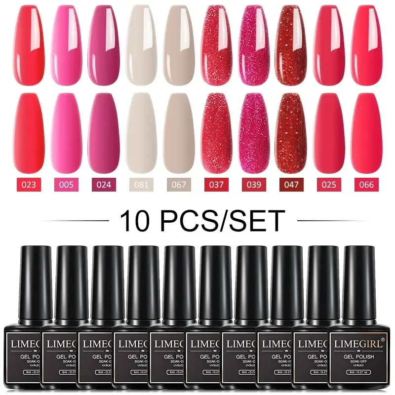 

10Pcs/Set Gel Nail Polish Set Kit Pink Glitter Scheme Popular Summer Colors Semi Permanent Soak Off UV LED Nail Art Gel Kit