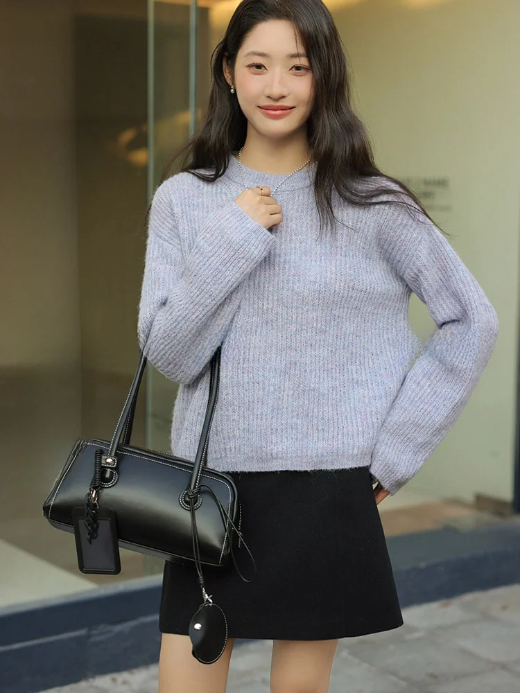 

Свободный повседневный вязаный свитер с круглым вырезом для женщин, фиолетовый, комфортный, теплый базовый слой для зимы, для ленивых дней