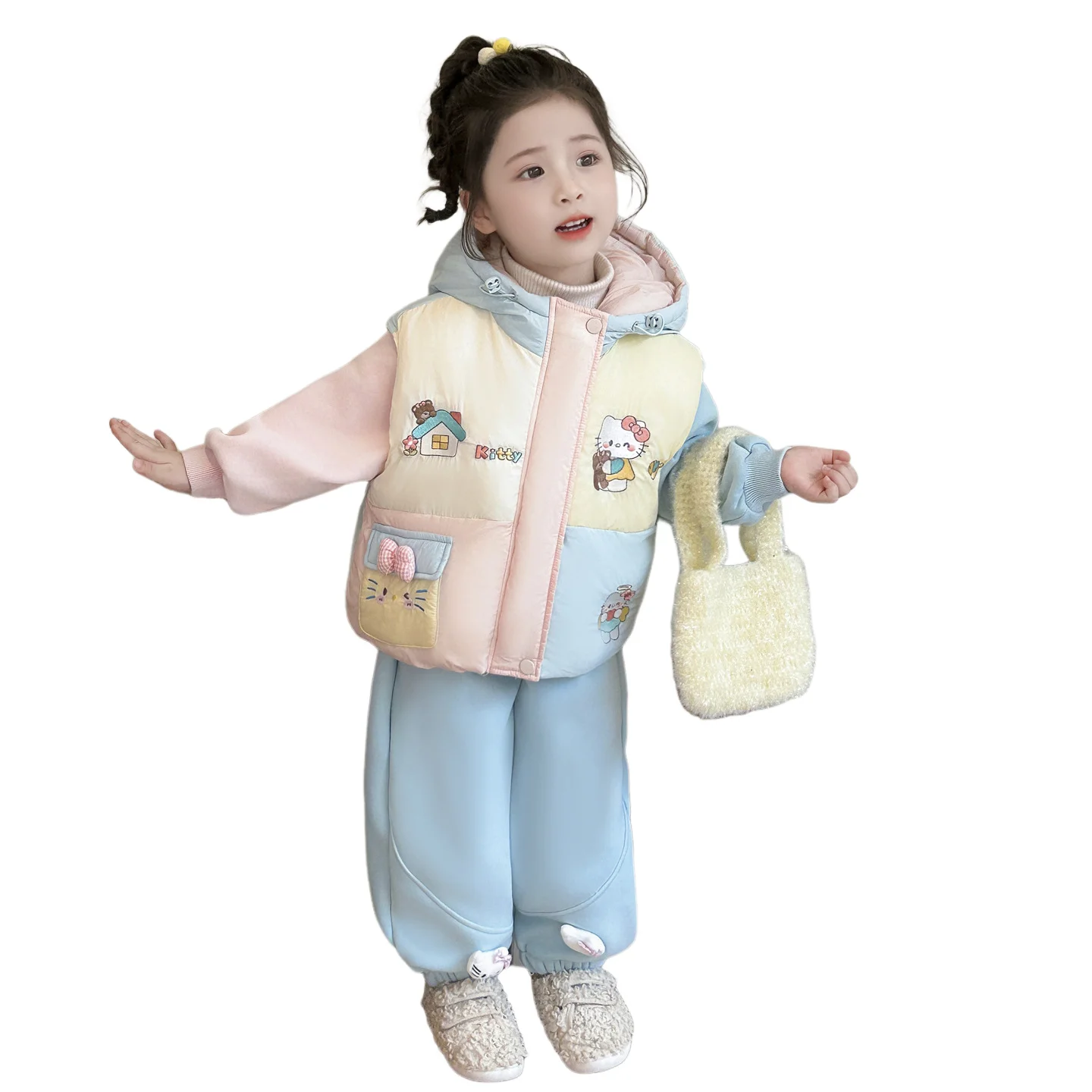 

Sanrio Hello Kitty Girl Down Jacket Winter Jacket Kawalii Sweet Hoodie Children's Coat Princess Wind 3-Piece Set Cartoon Suit