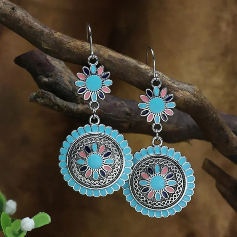 Trend Classic Vintage Hollow Colorful Petals Flower Round Dangle Earrings For Women Female Party Jewelry Pendant Custom Jewelry