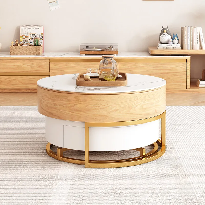 

Living room household lift coffee table dining table dual-purpose round rock slab small apartment Japanese log wind light luxury