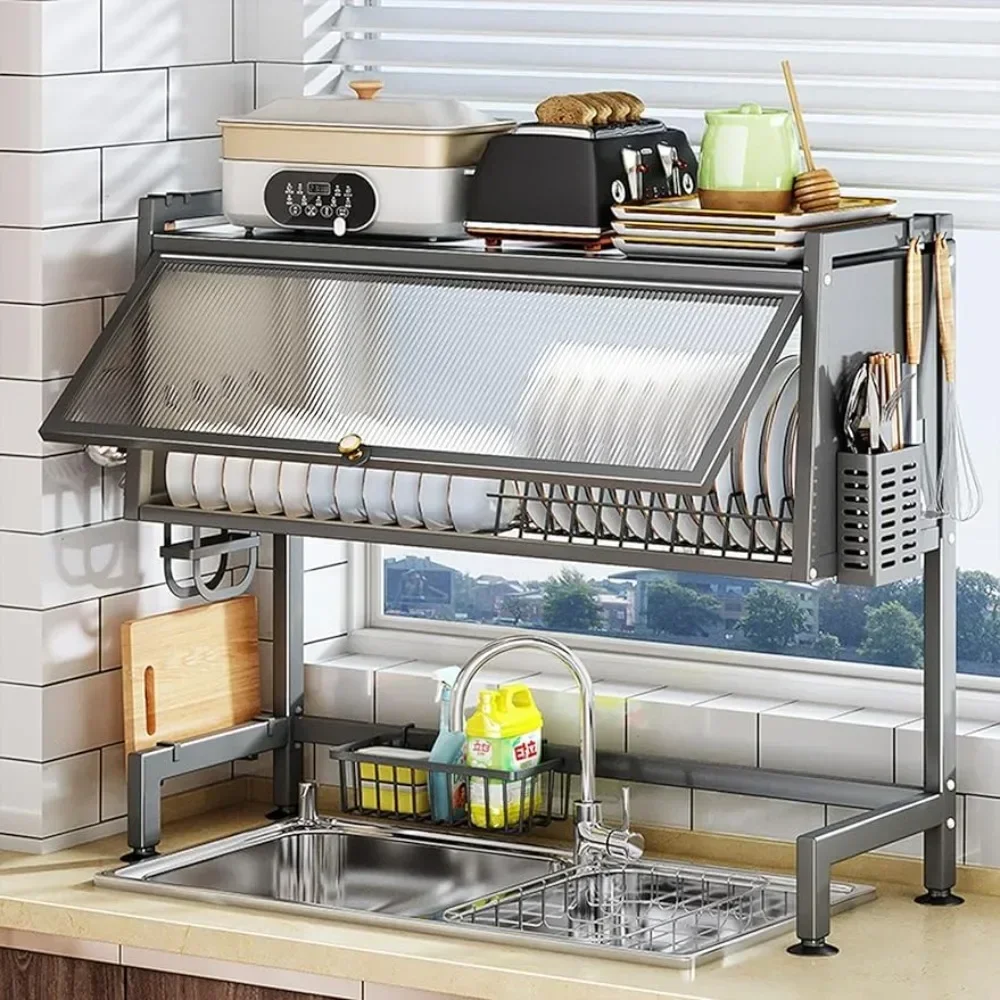 

Kitchen Sink Storage Rack Over The Dish Drying Rack with Cover Countertop Bowl Plate Tableware Organizer Holder Space-Saving