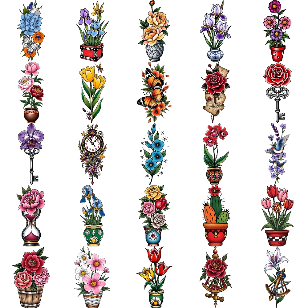 

28pcs Temporary Tattoo Temporary Tattoo Stickers Vintage Clock Floral Composition Bird And Lavender For Shoulders Chest Men