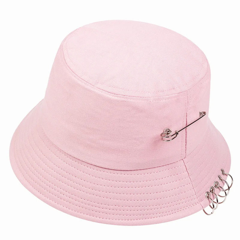 Solid Color iron pin rings personality Bucket Hat cap for unisex women men cotton fishermen caps