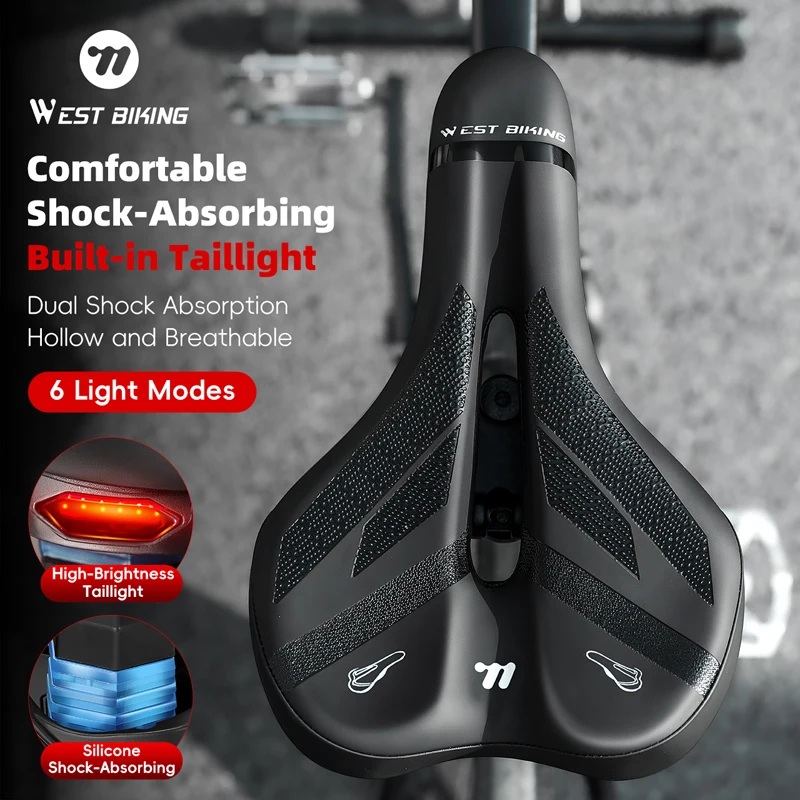 WEST BIKING Bicycle Saddle With Warning Taillight Bike Shock Absorption Soft Seat Widen Thicken Cushion MTB Touring Bike Saddle view 5