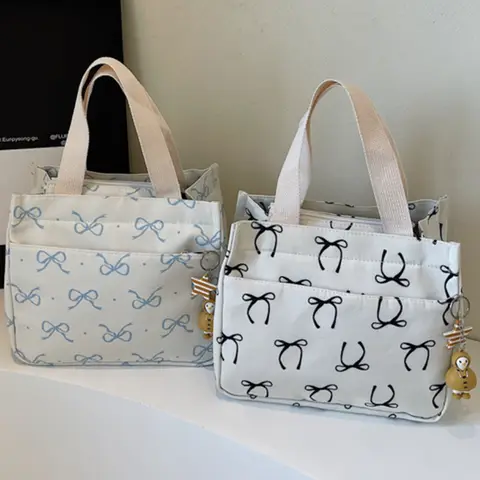 กระเป๋าใส่อาหารกลางวันผ้าใบฉนวนกันความร้อนกล่องอาหารกลางวันกระเป๋าถือพร้อมที่จับลำลองโบว์พิมพ์กระเป๋าโท้ตกระเป๋าโฮโบน้ำหนักเบาปิคนิค