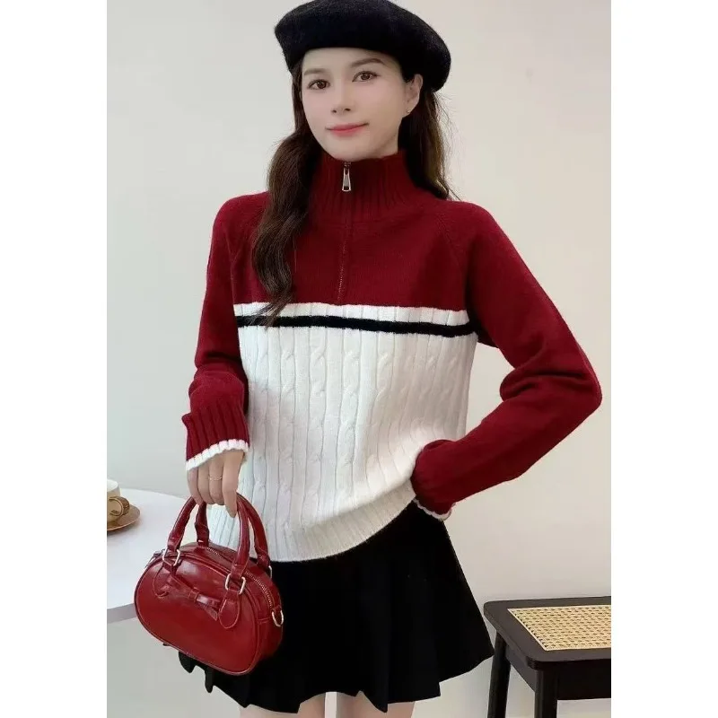 Lapel Half Zipper Turtleneck Knitted Jacket Sweater Autumn and Winter Fashion Loose Color Combination New Style