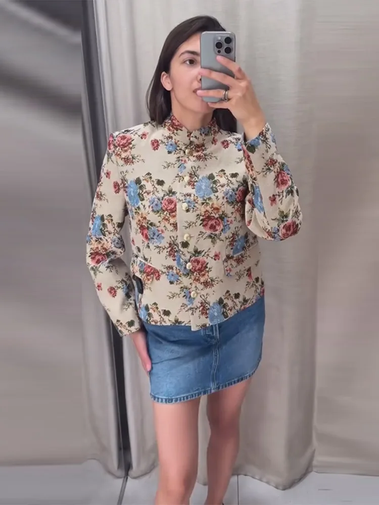 Bedruckte Stehkragen-Knopfjacken für Damen, Streetwear, Langarm, Einreihig, mit Taschen, Lose Mäntel, Herbst-Chic, Neue Oberbekleidung – Detail 8