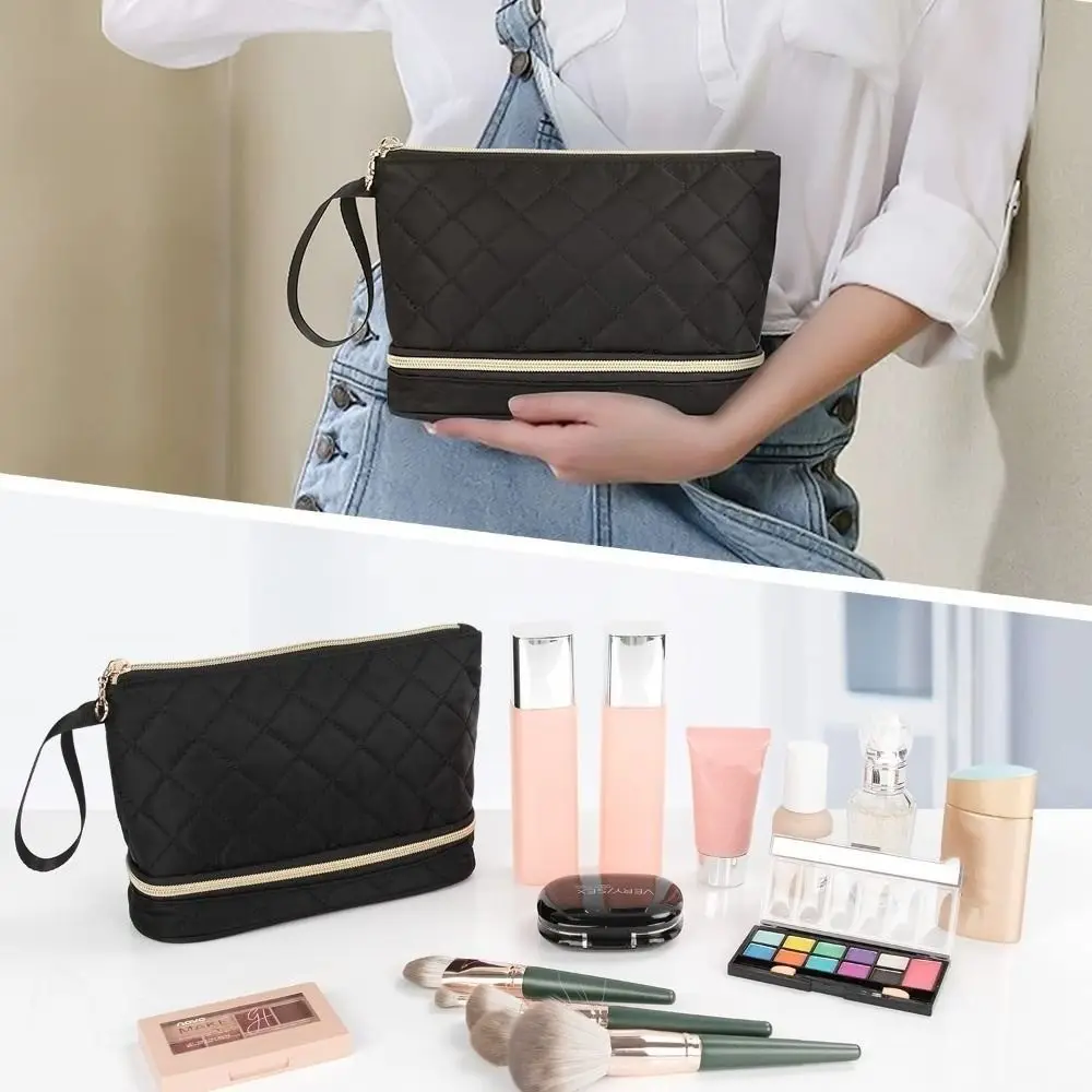 Borsa per il trucco portatile alla moda di piccole dimensioni borsa per il trucco a doppio strato borsa per il lavaggio da viaggio di grande capacità