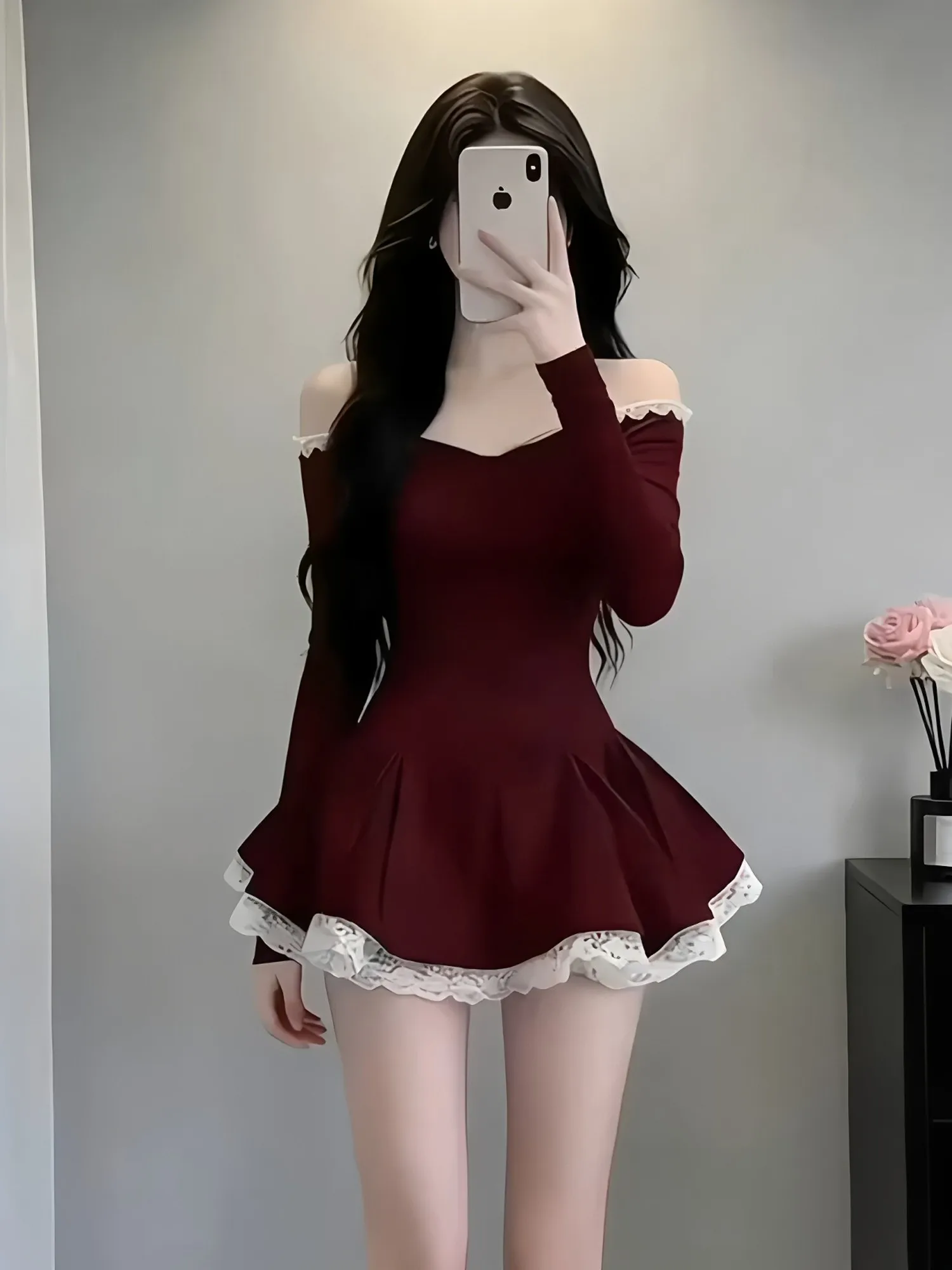 

Red One-oulder Long-Sve Puffy Dr Women's Winter High-End Waist-Cinching Slimming Lace Trim A-Line Skirt Dr