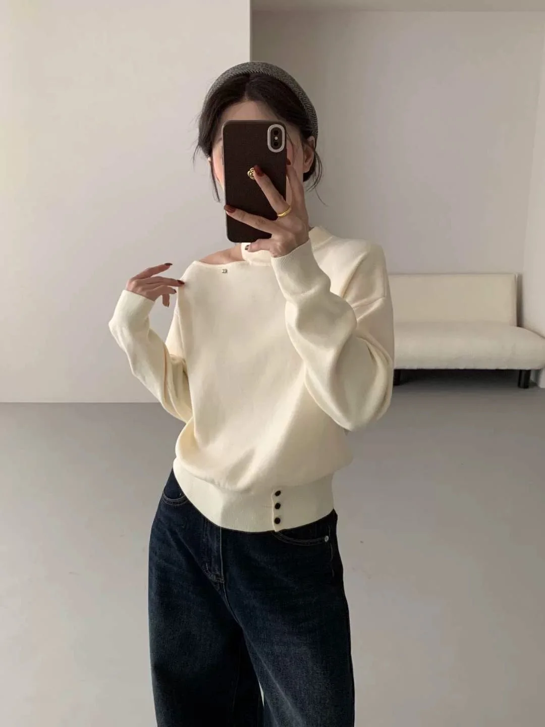 

Aimisle Original Loose Women's Knitted Sweater Side oulder Leak Design Premium Feeling Long Sve round Ne Color