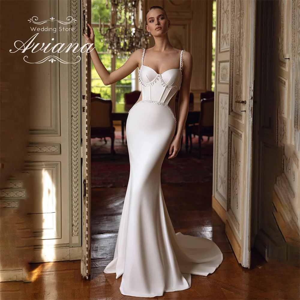

Aviana Customized Sweetheart Spaghetti Strap Corset Mermaid Wedding Dress Sleeveless Floor Length Court Train Sexy Pearl Crystal