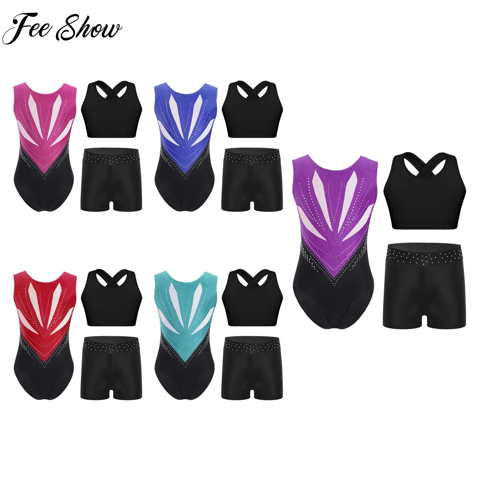 

Kid Girl Gymnastics Outfit Sleeveless Ballet Figure Skating Dance Performance Set Bowknot Cutout Back Leotard+Vest+Shorts Outfit