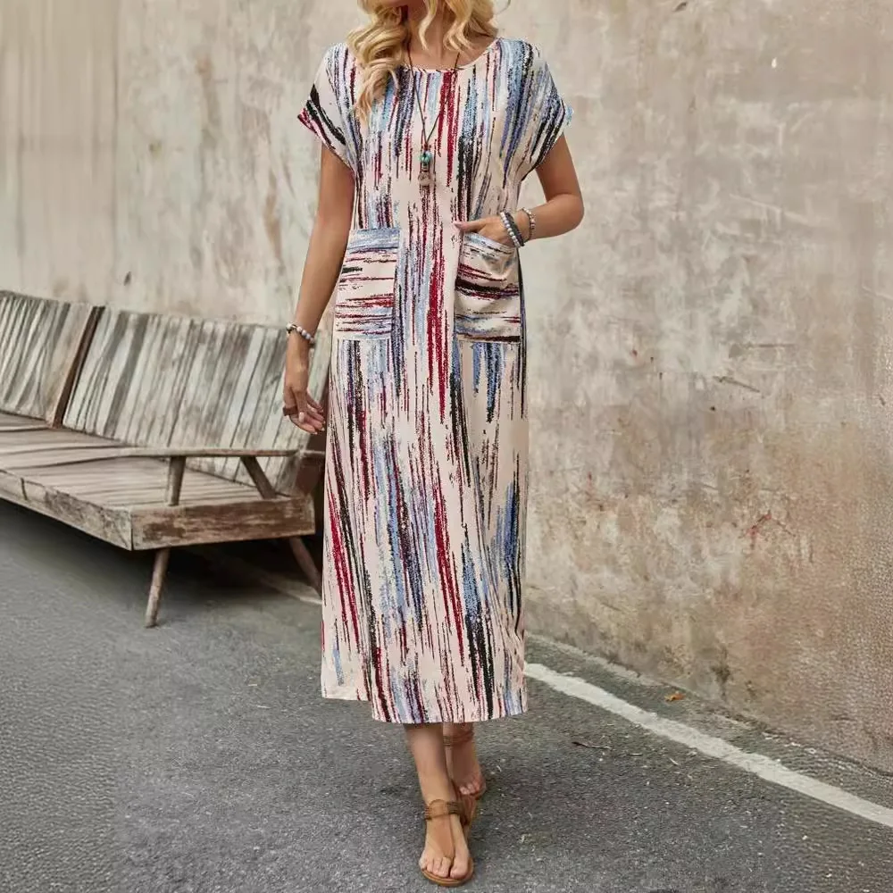 

Fashionable Summer Dresses Women's New Round Neck Pocket Casual Short Sleeve Tie Dye Printed Bohemian Midi Dress