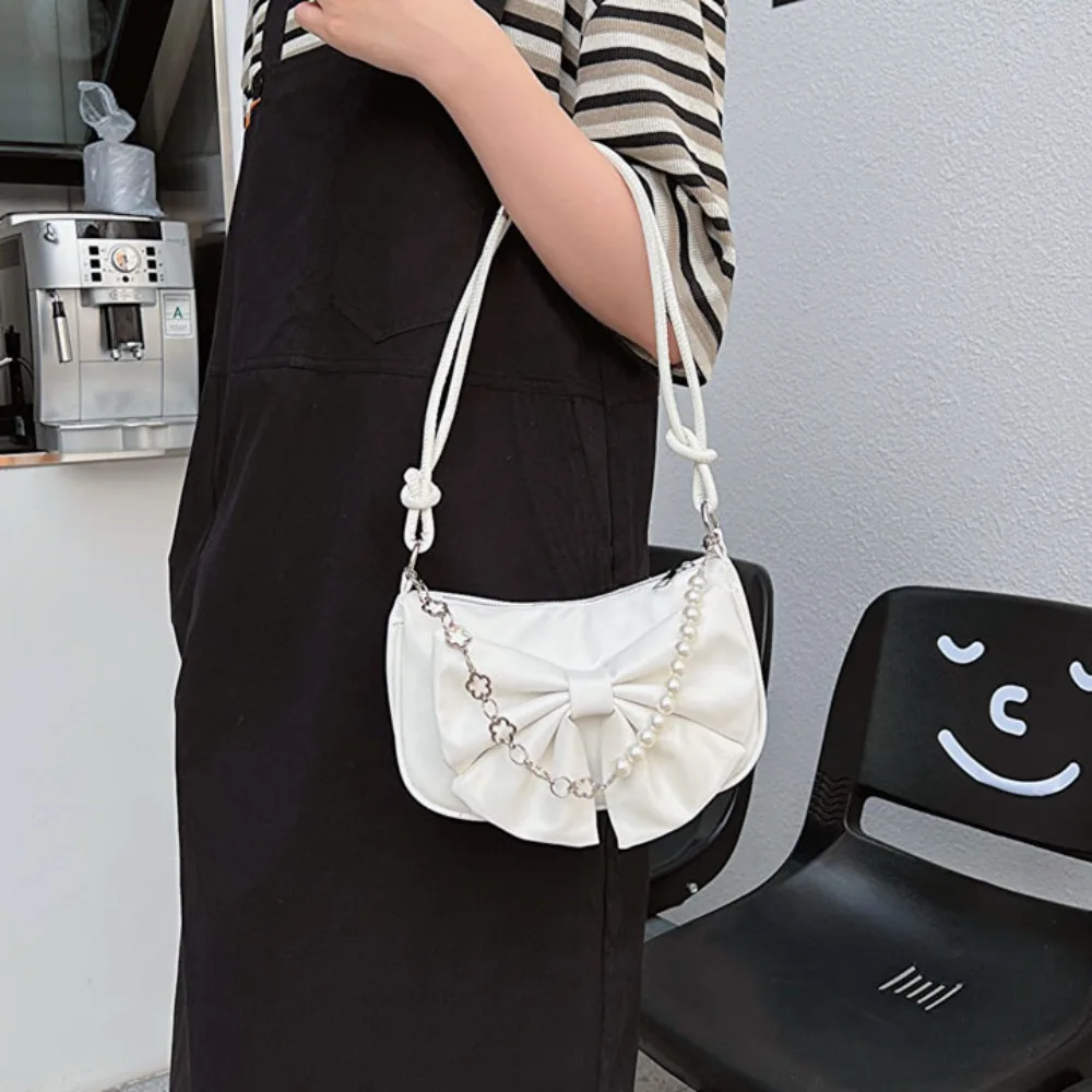 Trendy Pearl Bow Shoulder Bag Underarm Bag Daily Commuting Bag Casual Handbag Solid Business Women\'s Bag