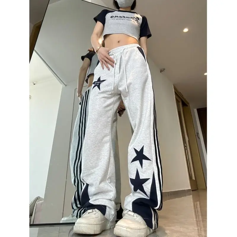 Fashion Street American Star Stripe Sports Casual Wide Leg Pants Women Elastic Waist Drawstring Pockets Loose Straight Trousers