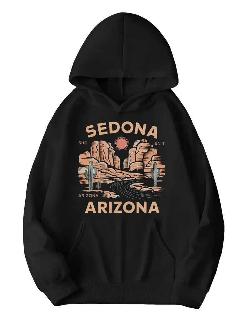 

Sedona Arizona Desert Landscape Hoodie For Women Casual Geometric Pattern Knit Polyester Non Stretch Fabric Fall Winter Season