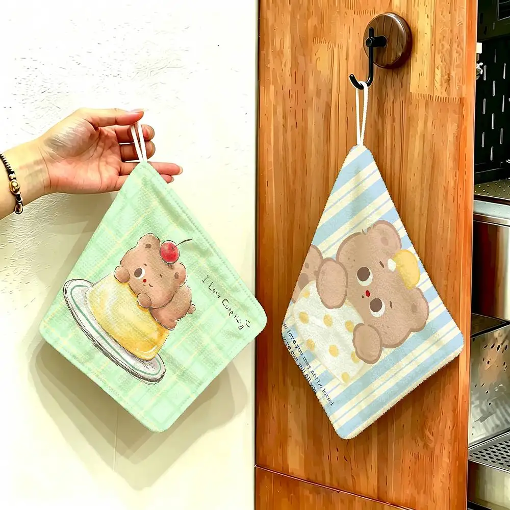 Kawaii Butter Bear Polyester Cotton Hanging Hand Towel, Super Absorbent Hand Wiping Towel for Daily Household Use