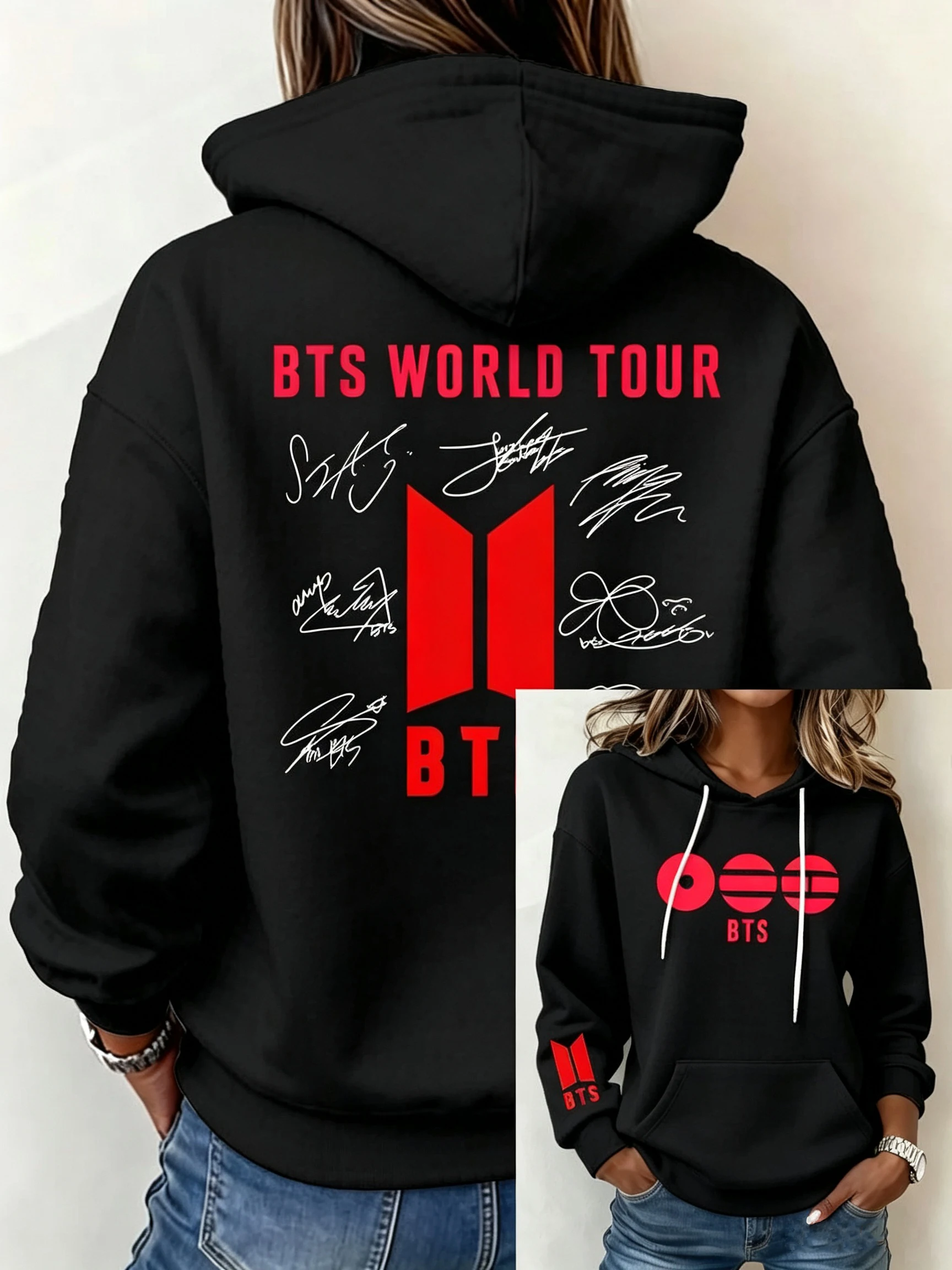 BTS World Tour Signature Print Hoodie für Damen, Langarm-Pullover, Oversized Streetwear, Kpop-Fan, Herbst-Winter-Sweatshirt, Oberteile – Detail 2
