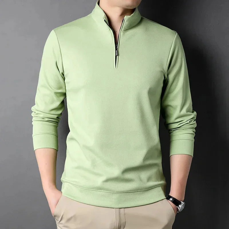 Men's long-sleeved T-shirt spring and autumn stand-up collar bottoming polo shirt plus velvet thickened half-zip sweatshirt