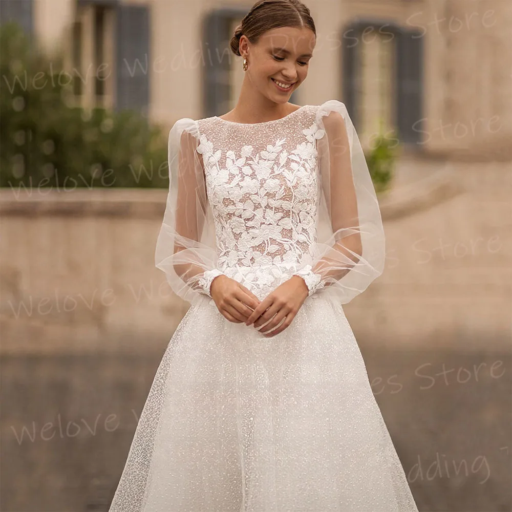 Romantic A Line Women's Wedding Dresses Fascinating Appliques Lace Bride Gowns Generous O Neck Long Sleeve Vestidos Novias Boda