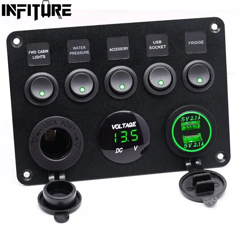 12V/24V 5 Gang Switch Control Panel LED Rocker Car Boat Marine 2 USB & Voltmeter 15A Fuse Protection Rocker Control Panel