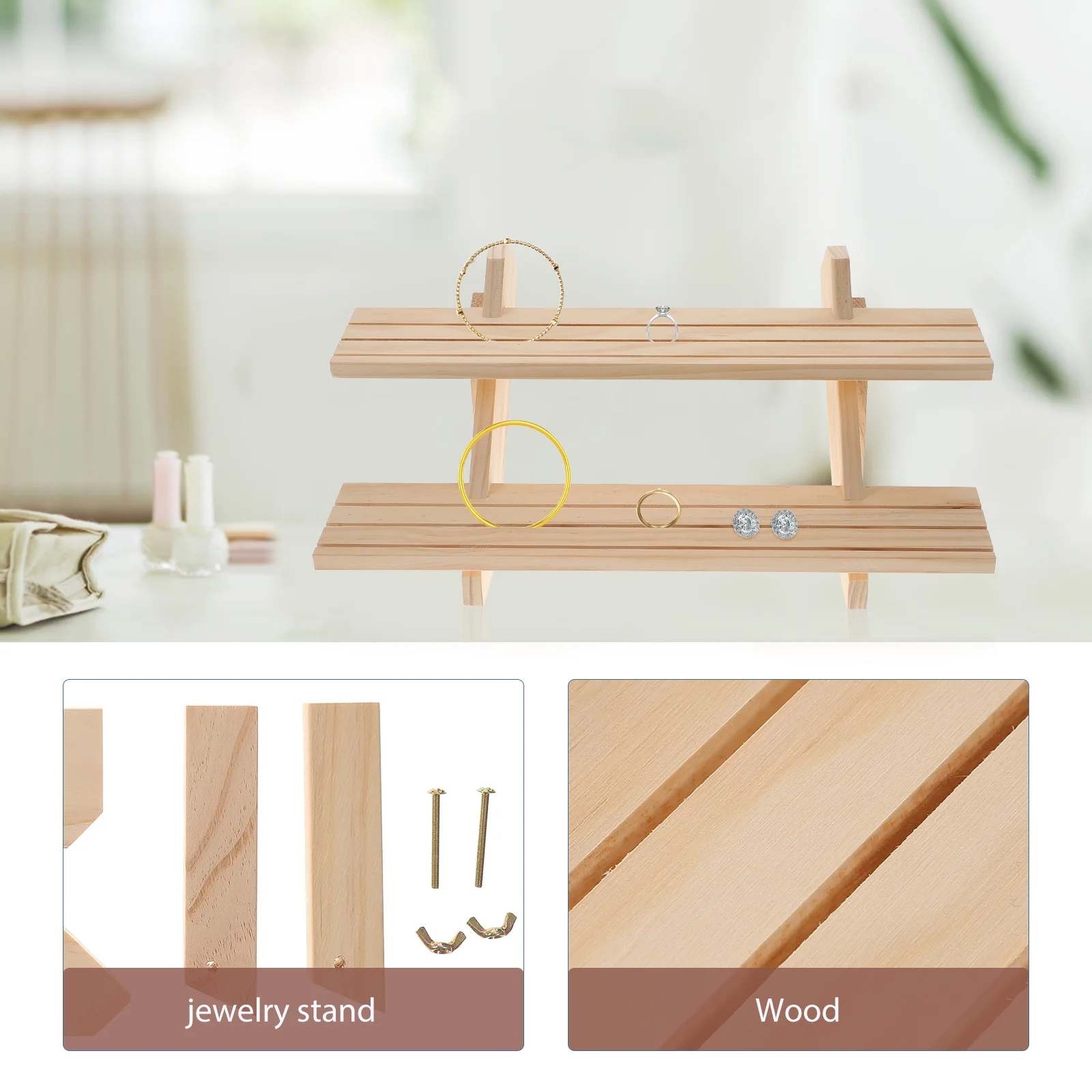 

Two Layered Wooden Jewelry Display Stand Earring Holder Organizer For Rings Necklaces Bracelets Retail Shop Home Storage