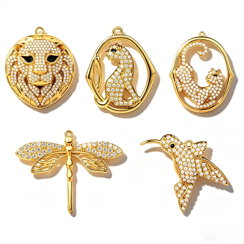 

Zircon 18K Gold Plated Luxury Animal Leopard Lion Pattern Bird Dragonfly Pendant DIY Christmas Jewelry Making Accessories