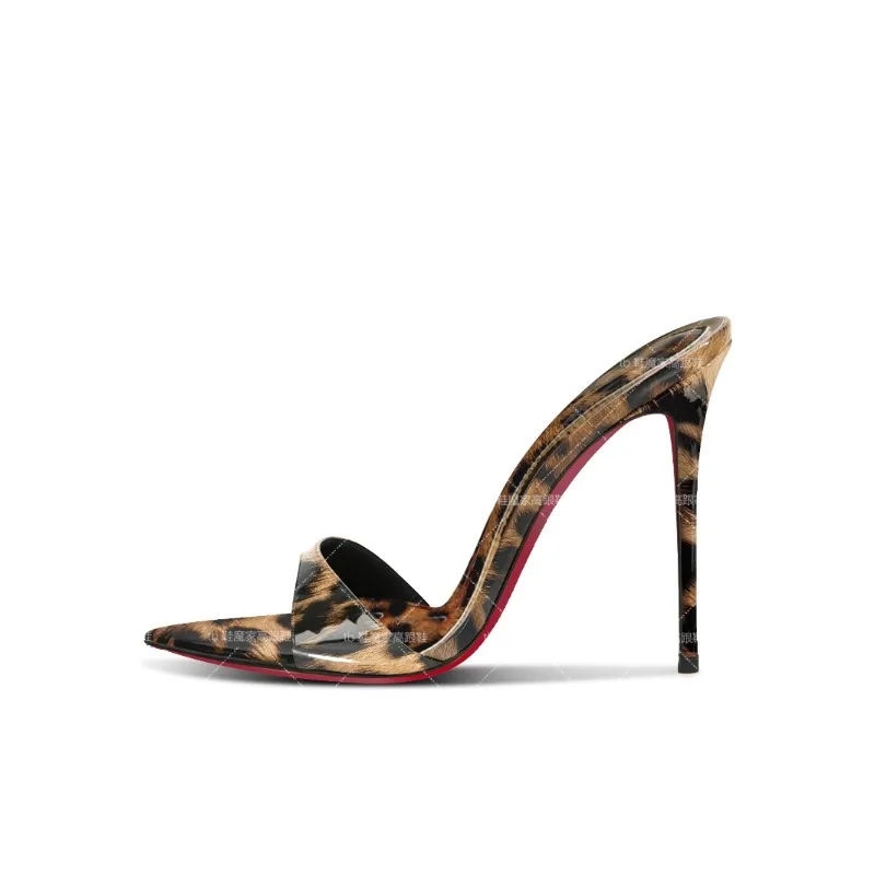 Summer New Leopard Print Pointed Semi Drag Minimalist High Heels for Women, Ultra-Fine Heel Slippers, Open Toed Sandals