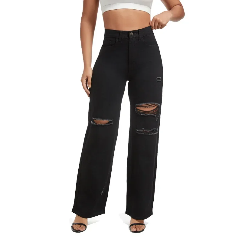 

Hole Jeans Women Vintage Denim Straight Pants Washed Distressed High Waist Stretch 2025 Streetwear Female Ankle Length Trousers