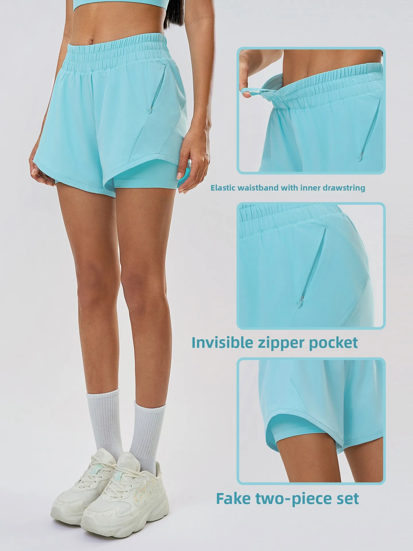 Girls Fake Two-Piece Anti-See Through Women Yoga Shorts Quick Dry Sports Running Activewear Hidden Pocket Workout Gym Shorts