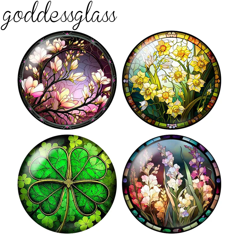 New blossom Flowers Clover Lotus rose poppy 10pcs 12mm/18mm/20mm/25mm Round Photo glass cabochon demo flat back Making findings