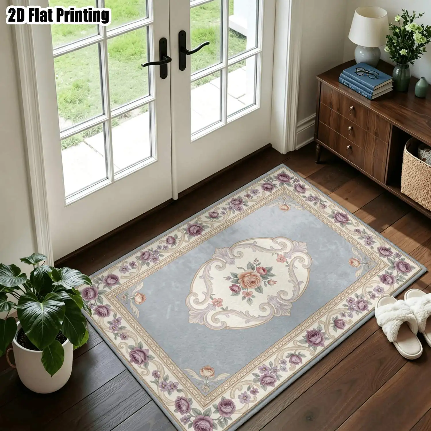 1Pc 2D Printed Blue-Grey Floral European Vintage Geometric Carpets: Machine-Washable, Multi-Size, Ideal for Home Decor Such as Entryway/Dining Room/Foyer/Bedroom/Living Room Mats