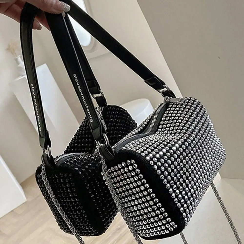 

Casual Large Capacity Rhinestone Handbag Blingbling Shiny Small Square Bag Pillow Bag Zipper Crossbody Bag Daily