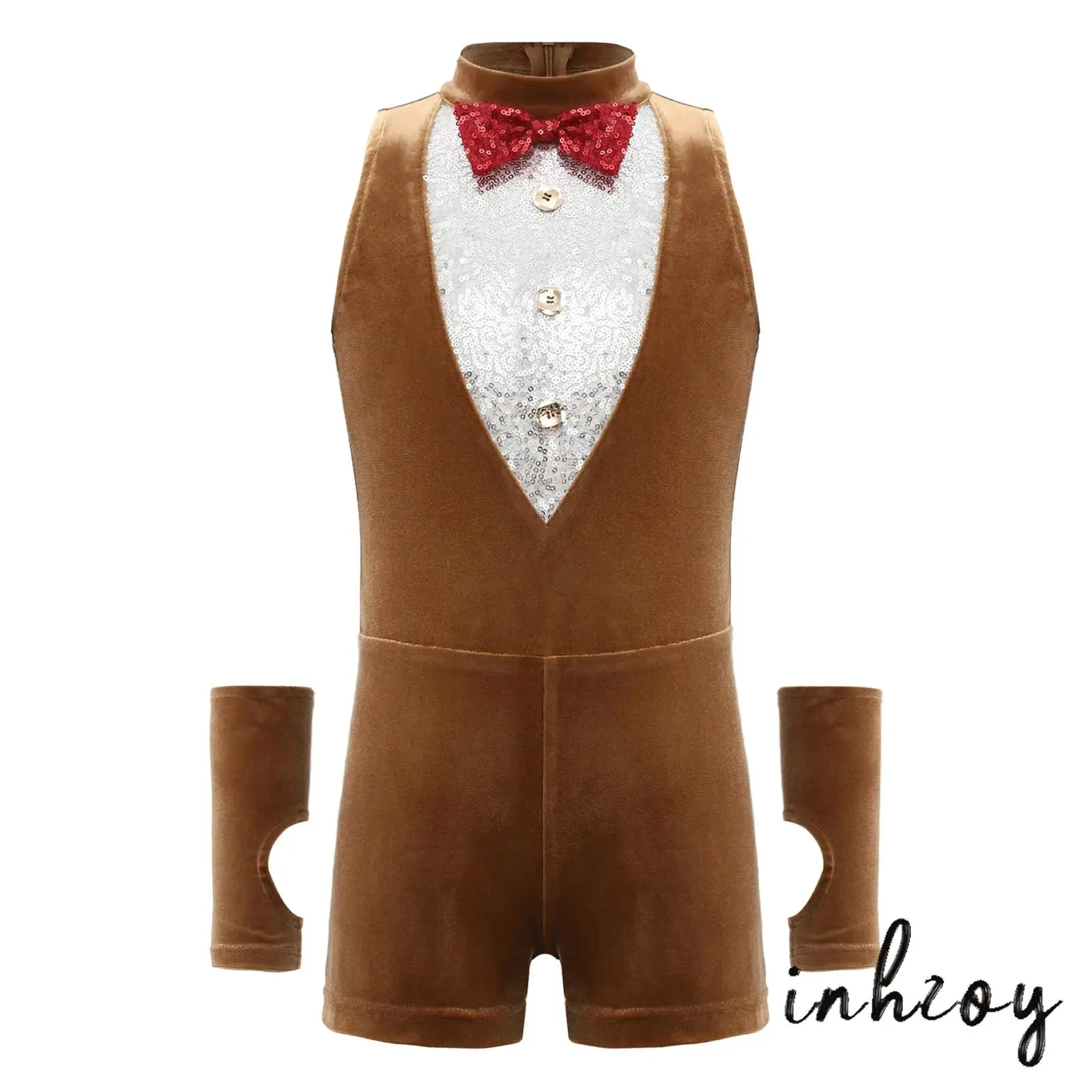 

Kids Christmas Reindeer Costume Jumpsuit Sparkly Sequins Sleeveless Bow Tie Short Xmas Cosplay Bodysuit with Oversleeves