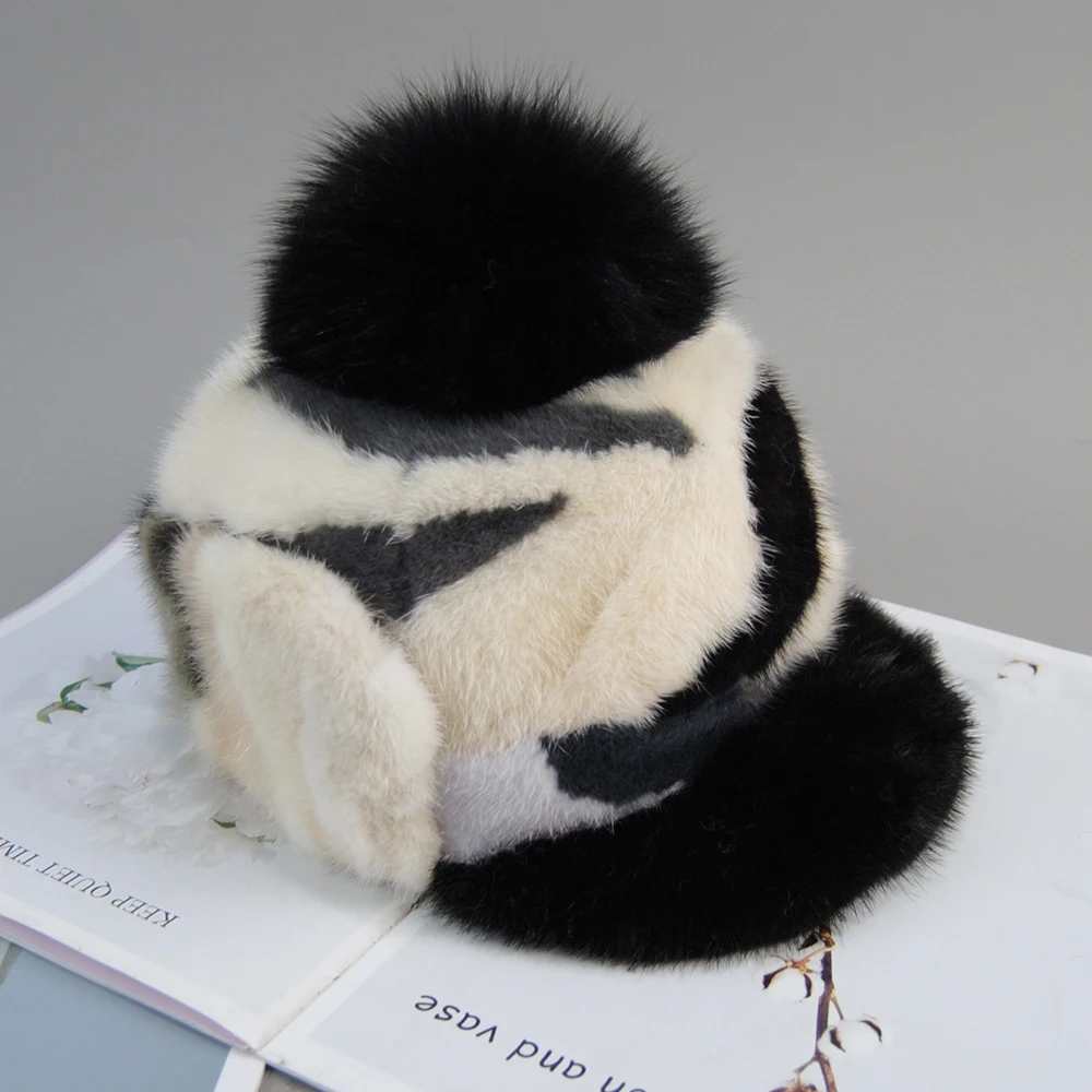Genuine Fur Natural Fox Fur Pompom Hats Colorful Fur Hat For Women Real Mink Fur And Fox Fur Handmade Winter Female Earflap Cap