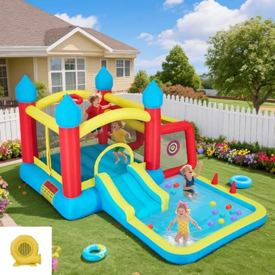 6in1 Opblaasbaar Springhuis voor 36 Springkasteel met Glijbaan Basketbalring Voetbaldoel Dartbord Trampoline Springkasteel fo