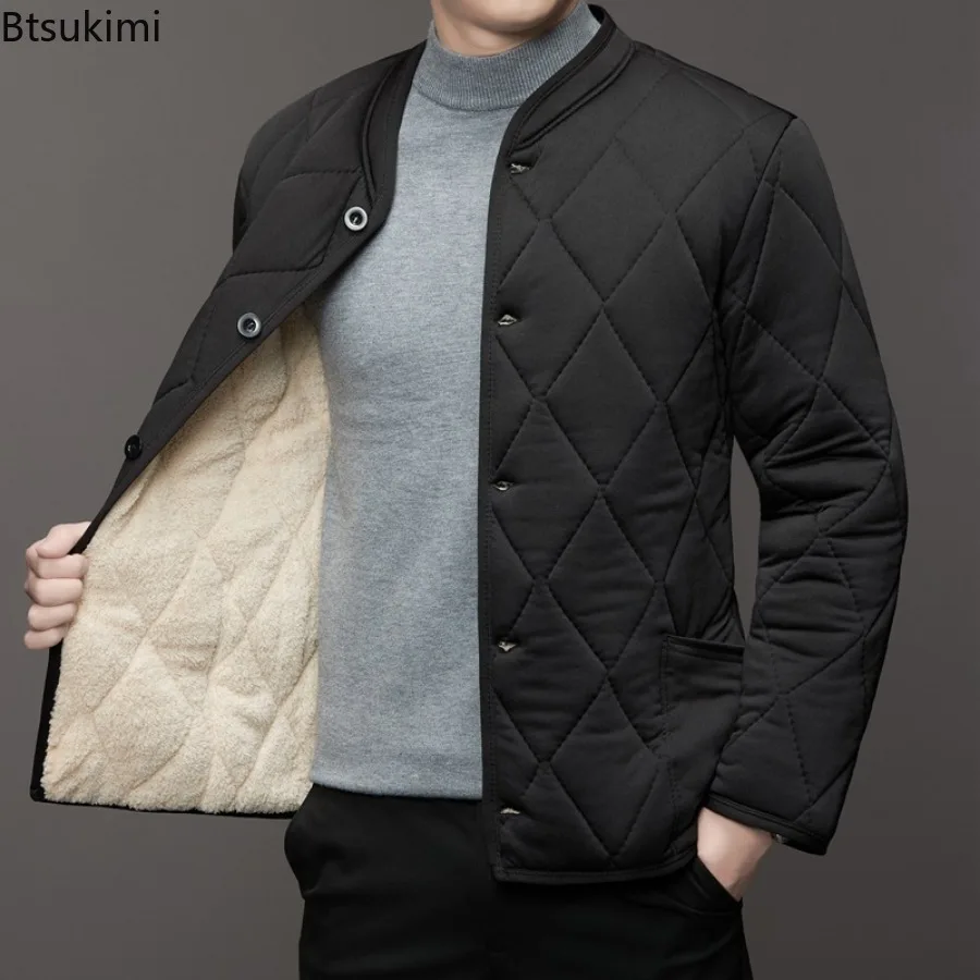 Autumn Winter Stand Collar Parka Jacket Men\'s Quilted Cotton Padded Lamb Fleece Coats Button Cardigan Thicken Warm Casual Jacket