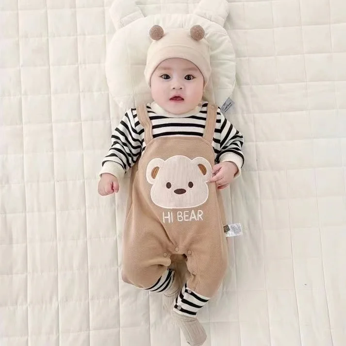 Spring Autumn Baby Boys Rompers Cartoon Bear Print Long Sleeve Newborn Jumpsuit Girls Cotton Stripes Kids Outfit Clothes 0-18M