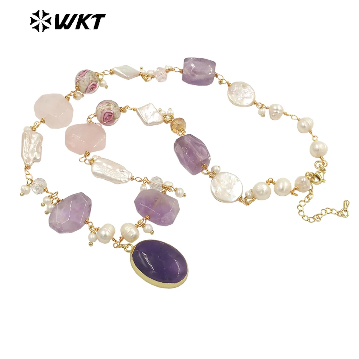 WT-JN240  WKT 2025 Bohemia Stone&Pearl Gold Plated Necklace Retro Trend Jewelry 21Inch Long Chain Celebration