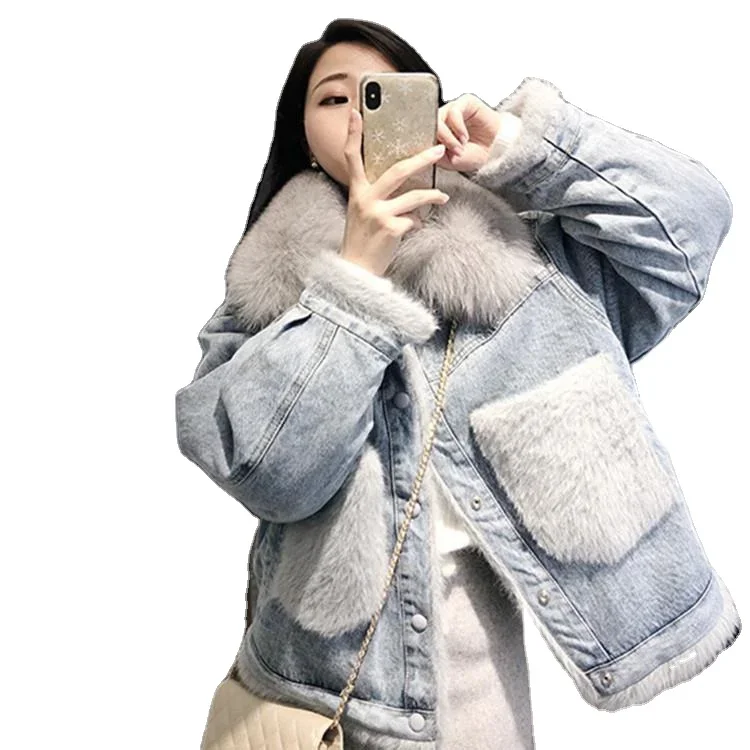 Plus velvet denim jacket women's short 2021 autumn and winter new version wild fur collar thick cotton jacket