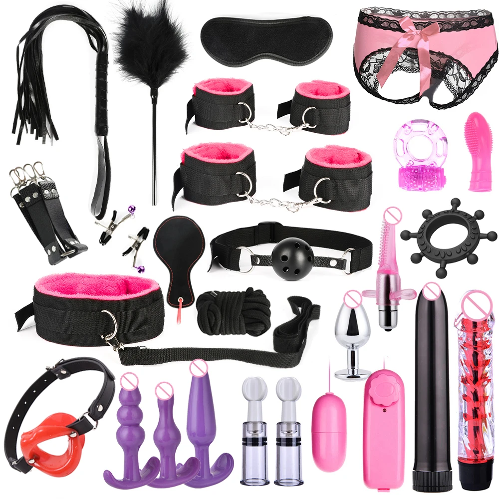 Women's Nylon Bondage BDSM Kit with Handcuffs Sex Whip Mouth Gag Rabbit Tail Anal Plug - Erotic Adult Game Set