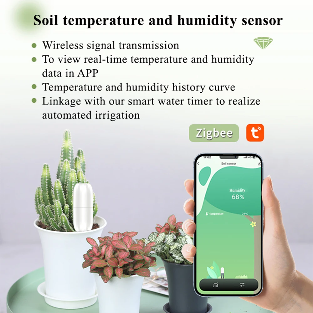 Tuya Zigbee Wireless Soil Intelligent Temperature Humidity Tester Mobilephone APP Real Time for Garden Farmland Planting