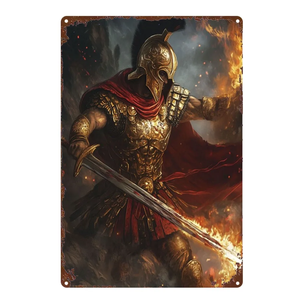 Warrior Flame Gold Armor Metallschild, Vintage-Bauernhaus-Wandkunst, mittelalterliche rustikale Dekoration für Zuhause, Küche, Bar, 20,3 x 30,5 cm