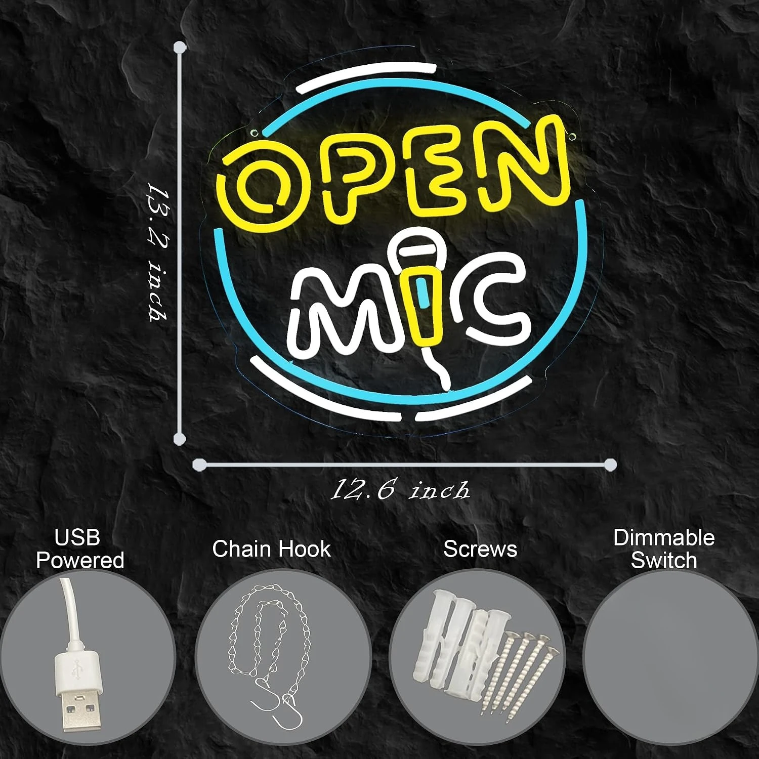 Open Mic Neon Sign USB Neon Light Microphone LED Music Wall Light for Bar Pub Karaoke Party Bedroom Man Cave Decor Gift