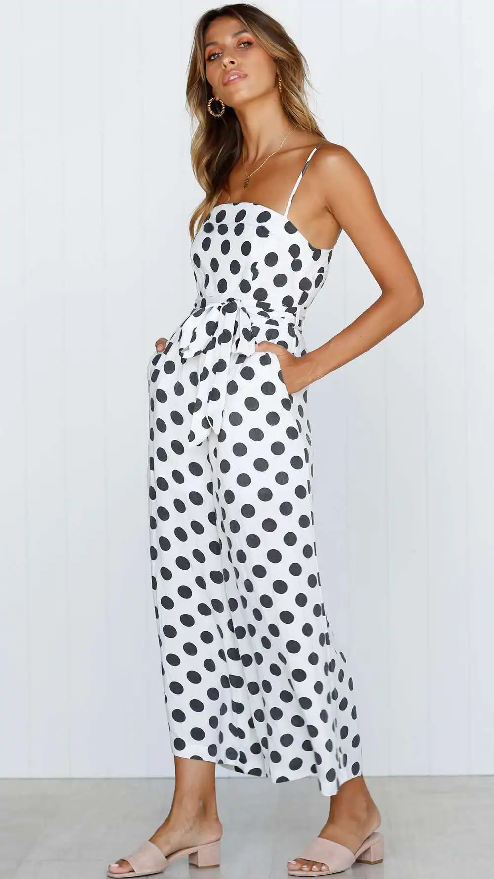 Fashion Open Back Polka Dot Printed Shoulder Strap Chiffon Suspenders One-piece Wide-leg Pants Ladies Jumpsuit Summer Vestidos