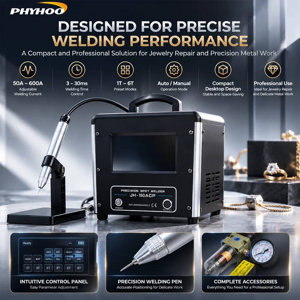 PHYHOO JH150ACP Precision Spot Welder 220V Jewelry Repair Welding Machine with Welding Pen Foot Pedal for Gold Silver Metal Work