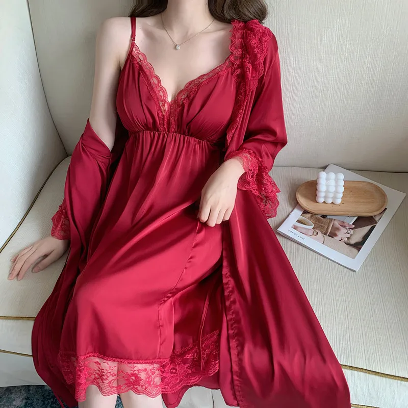 Womens Wedding Robe Gown Suit Two Piece PJS Set Sexy Lace Bathrobe Nightgown Lingerie Summer Sleepwear Nightdress Home Dress