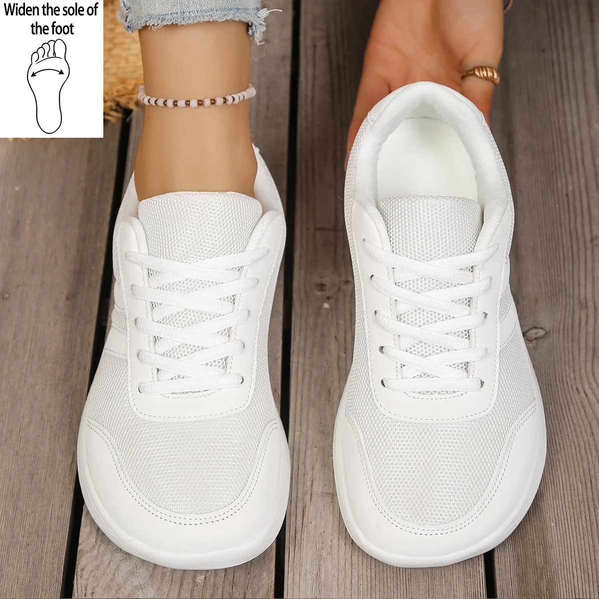 Ladies' Extra-Wide Last Casual Sneakers with Side Decorations and Front Lace-Up, Suitable for Sports and Leisure